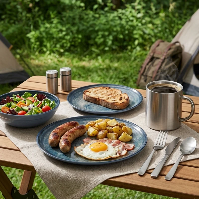 Melamin Geschirr Set Mondgranit Blau-Grau für 2 Personen - 8 Teile - mit Edelstahl Thermo Tassen Steingutoptik Spülmaschinengeeignet Essgeschirr Campingzubehör Campinggeschirr Wohnwagen Camping Festival Picknick Gartenparty