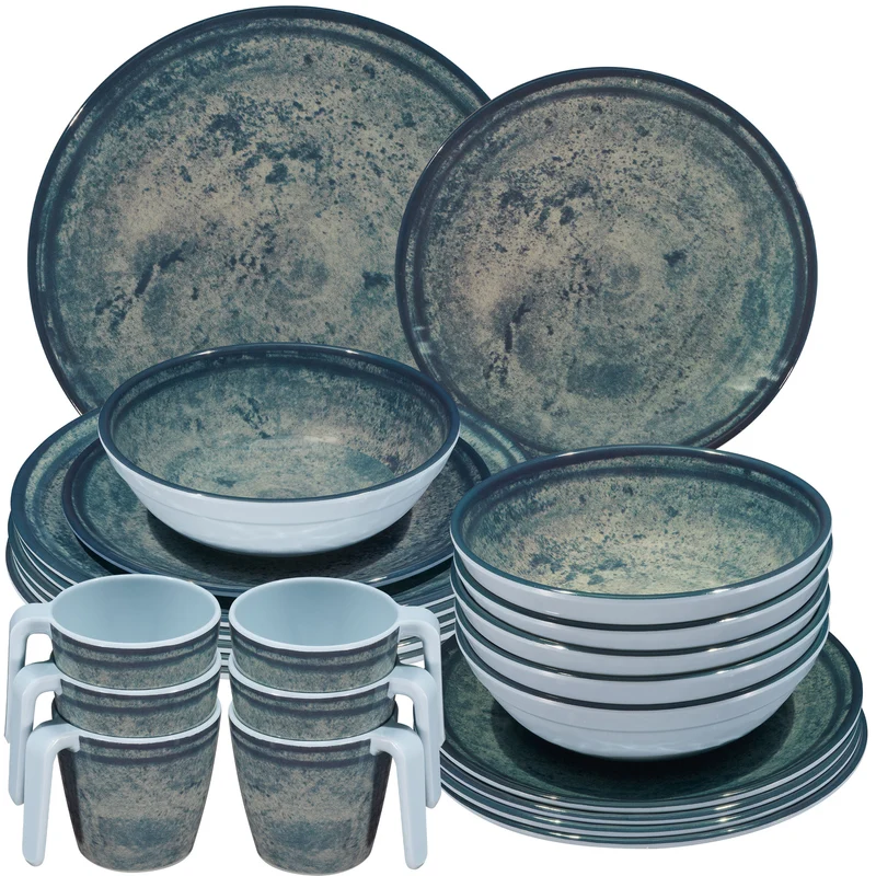 Melamin Geschirr Set Mondgranit Blau-Grau für 6 Personen - 24 Teile - Steingutoptik
