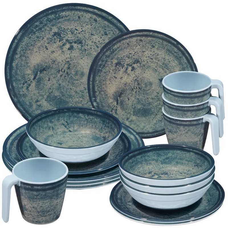 Melamin Geschirr Set Mondgranit Blau-Grau für 4 Personen - 16 Teile - Steingutoptik