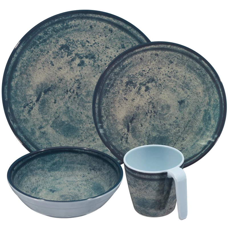 Melamin Geschirr Set Mondgranit Blau-Grau für 4 Personen - 16 Teile - Steingutoptik