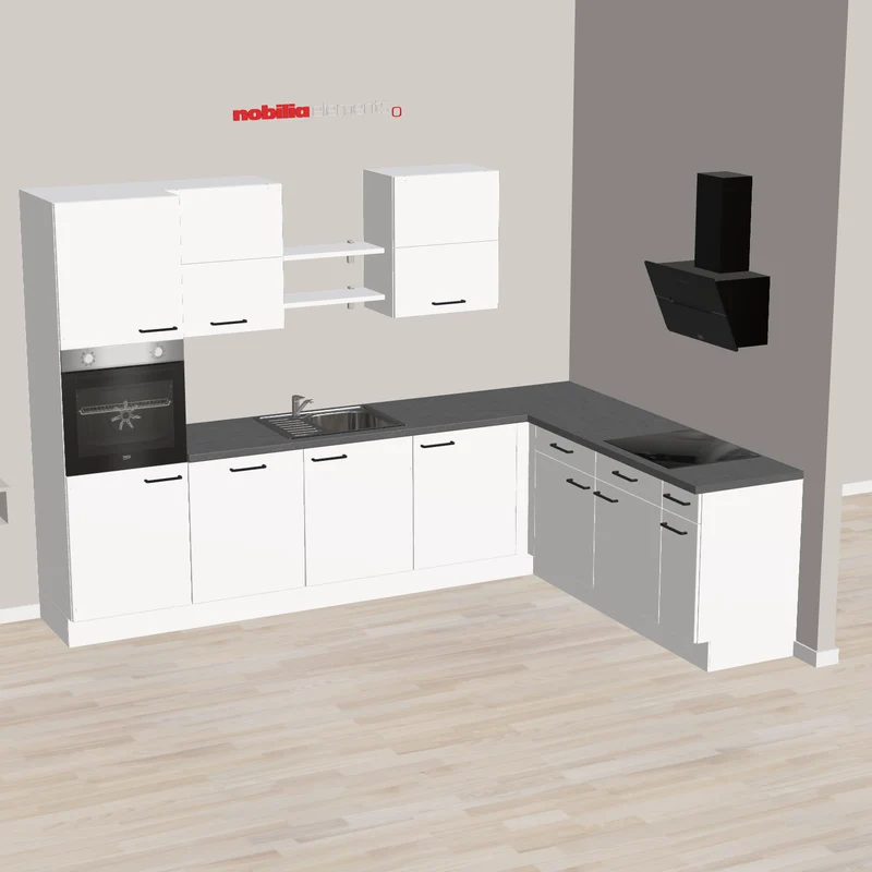 nobilia L-Küche modern mit Solo-Backofen und schöner Dunstabzugshaube Siegburg 305 x 215 cm weiss Matt Steinoptik mit Schräghaube und hocheingebauten Backofen