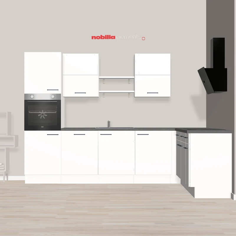 nobilia L-Küche modern mit Solo-Backofen und schöner Dunstabzugshaube Siegburg 305 x 215 cm weiss Matt Steinoptik mit Schräghaube und hocheingebauten Backofen