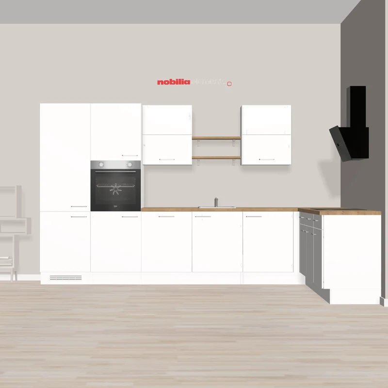 nobilia L-Form Küche mit großem Arbeitsbereichen und viel Stauraum Laatzen 365 x 245 cm Alpinweiss Sierra mit Backofen hocheingebaut - Spüle - Kochfeld - schöne Kopffreihaube