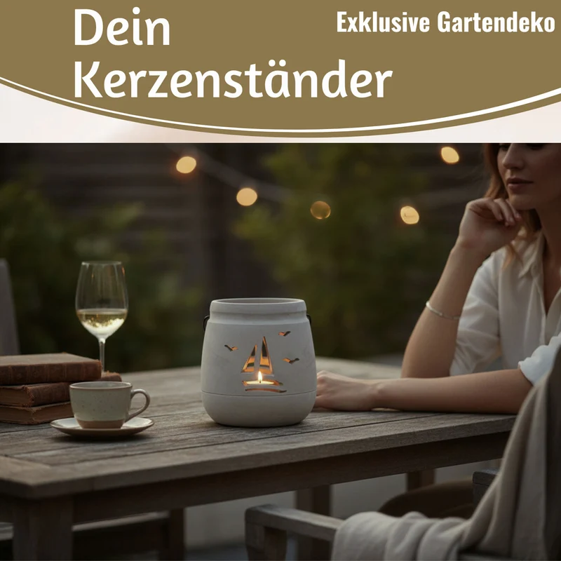 Beton Windlicht Segelboot 13cm Shabby Grau Maritim Teelichthalter Kerzenhalter