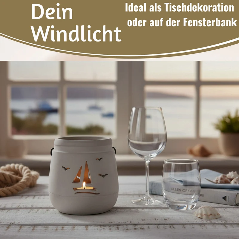 Beton Windlicht Segelboot 13cm Shabby Grau Maritim Teelichthalter Kerzenhalter