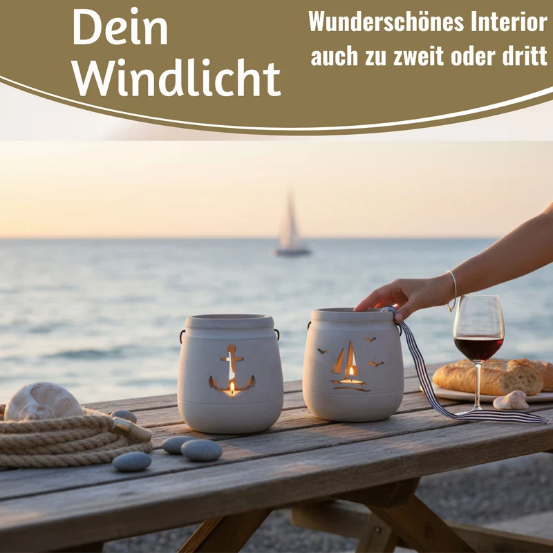 Beton Windlicht Segelboot 13cm Shabby Grau Maritim Teelichthalter Kerzenhalter