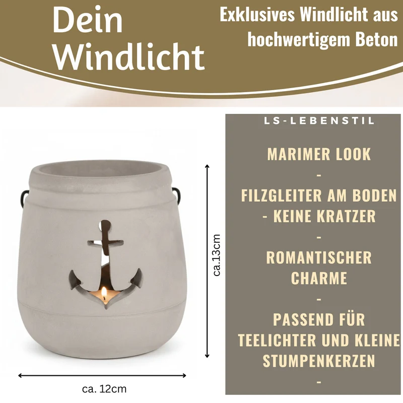 Beton Windlicht Anker 13cm Shabby Grau Maritim Teelichthalter Kerzenhalter