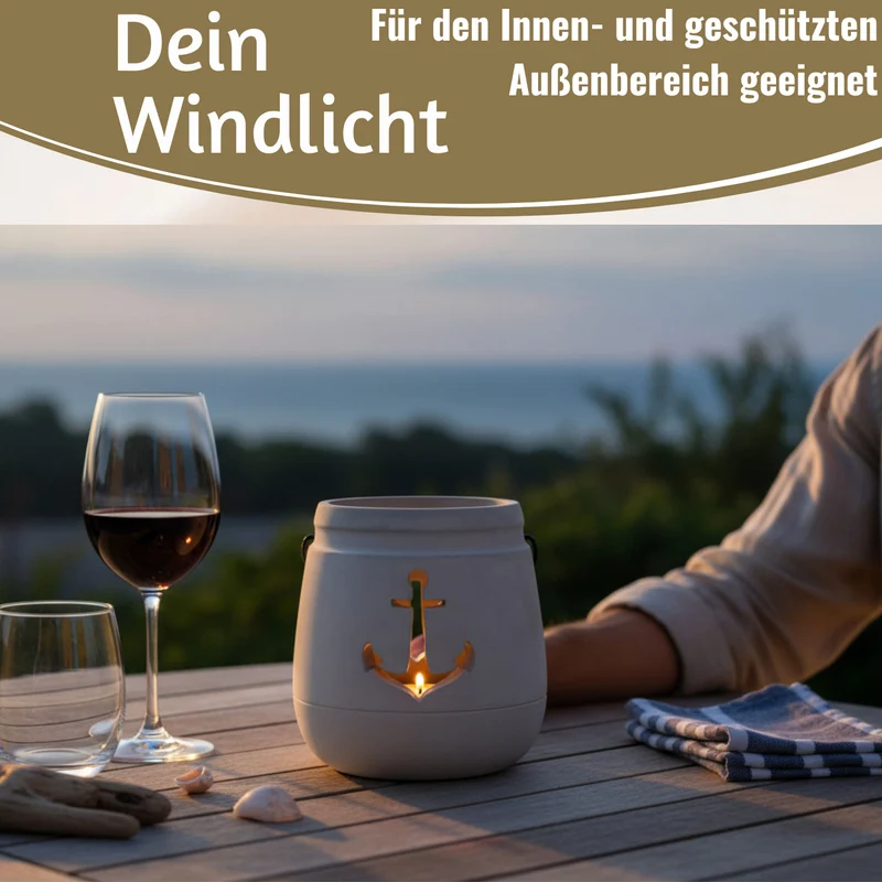 Beton Windlicht Anker 13cm Shabby Grau Maritim Teelichthalter Kerzenhalter