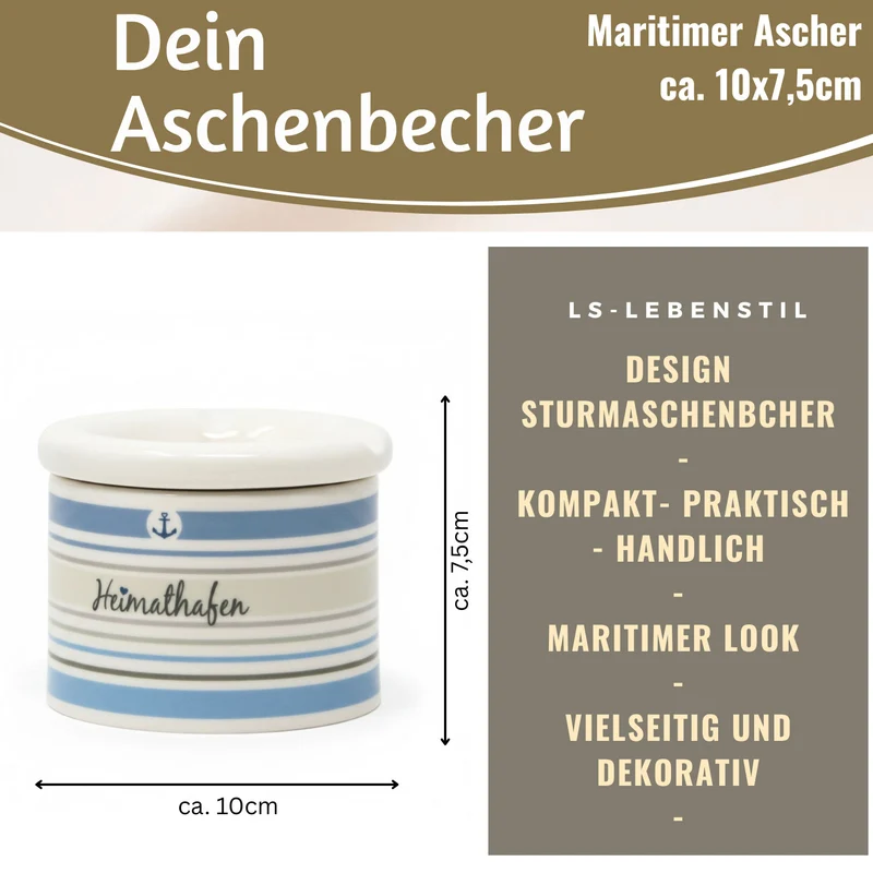 Sturmaschenbecher Heimathafen 10x7,5cm Maritim Weiß Blau Windaschenbecher Aschenbecher