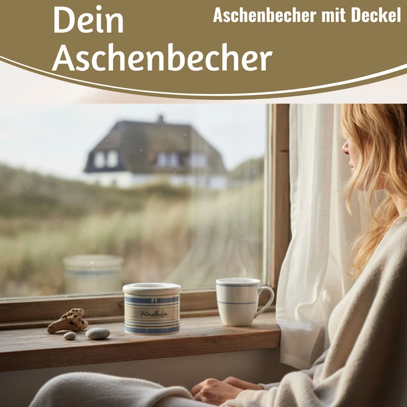 Sturmaschenbecher Heimathafen 10x7,5cm Maritim Weiß Blau Windaschenbecher Aschenbecher