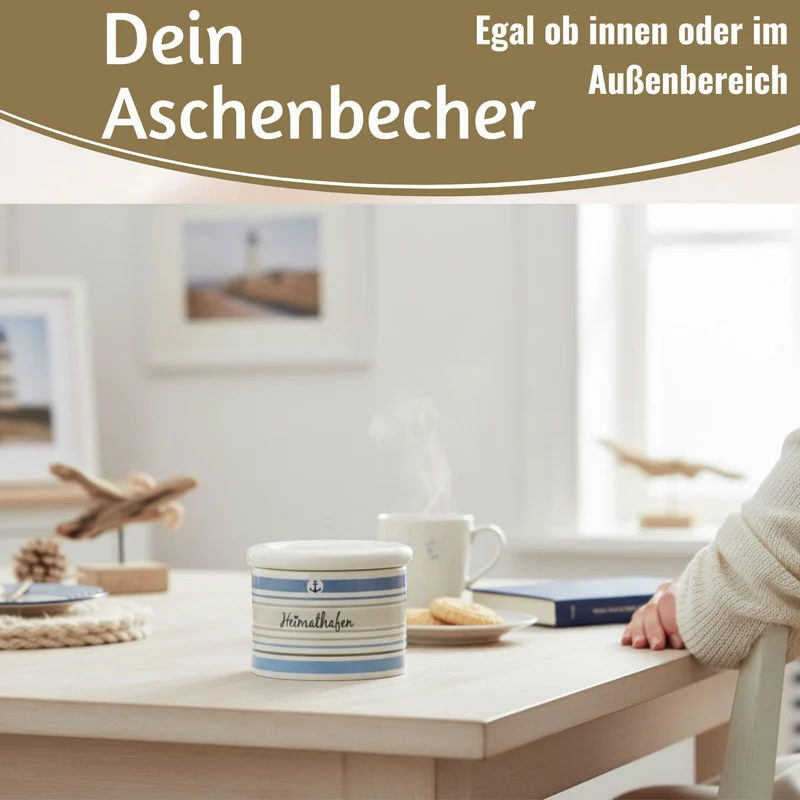 Sturmaschenbecher Heimathafen 10x7,5cm Maritim Weiß Blau Windaschenbecher Aschenbecher