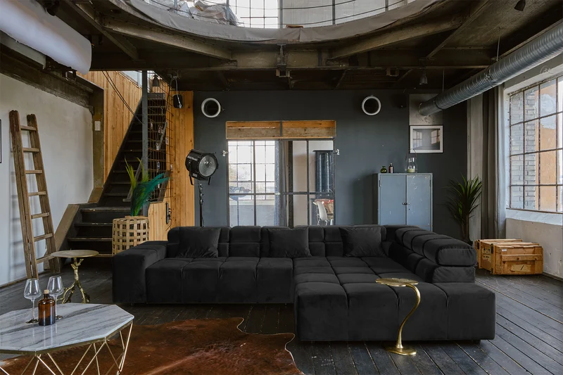 B-Ware KAWOLA Sofa NEVADA Ecksofa Velvet schwarz Recamiere rechts mit motorischem Sitzvorzug