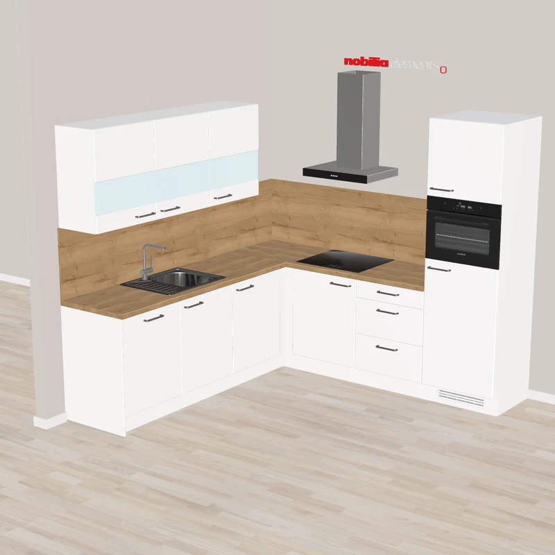 nobilia Schöne L-Küchen für smartes Wohnen Schwabach 247 x 245 cm weiss Eiche Holzfarben mit Kompakt-Backofen - Kochfeld Solo - Spüle mit moderner Armatur