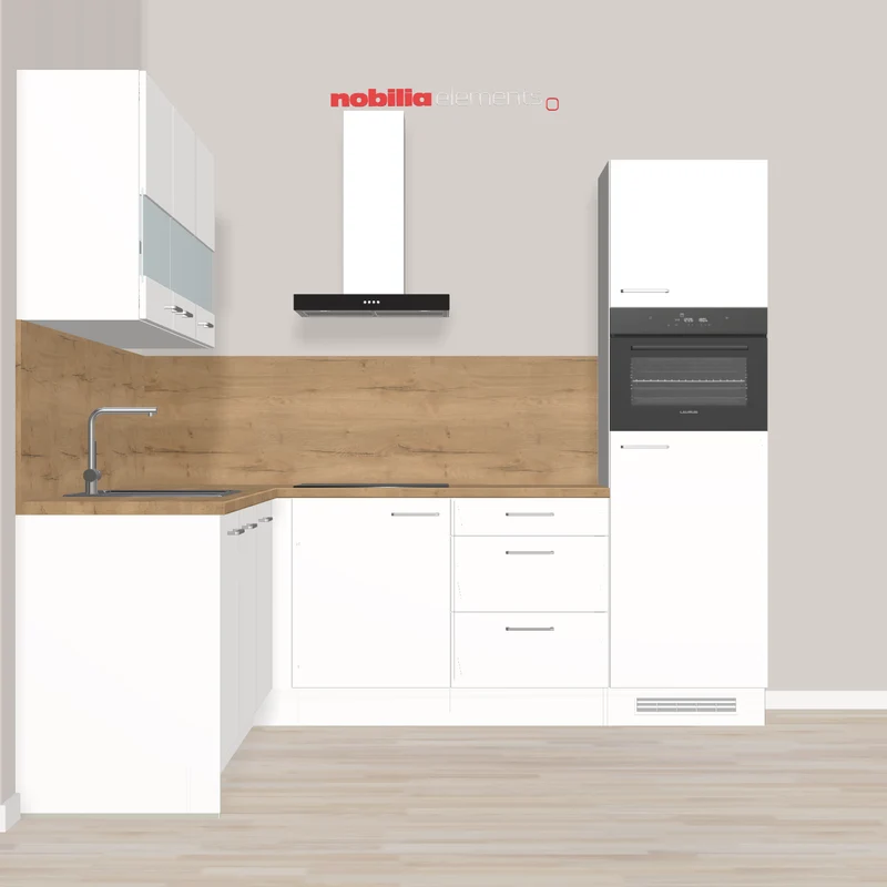 nobilia Schöne L-Küchen für smartes Wohnen Schwabach 247 x 245 cm weiss Eiche Holzfarben mit Kompakt-Backofen - Kochfeld Solo - Spüle mit moderner Armatur