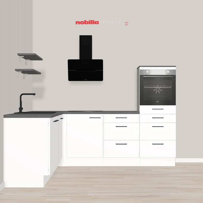 nobilia Winkelküche in hellen freundlichem Design Nürtingen 245 x 245 cm Alpinweiss matt graue Arbeitsplatte Spüle Carbon Ausstattung und Einhebelmischbatterie Live mit Brause, Mischbatterie schwarzmatt