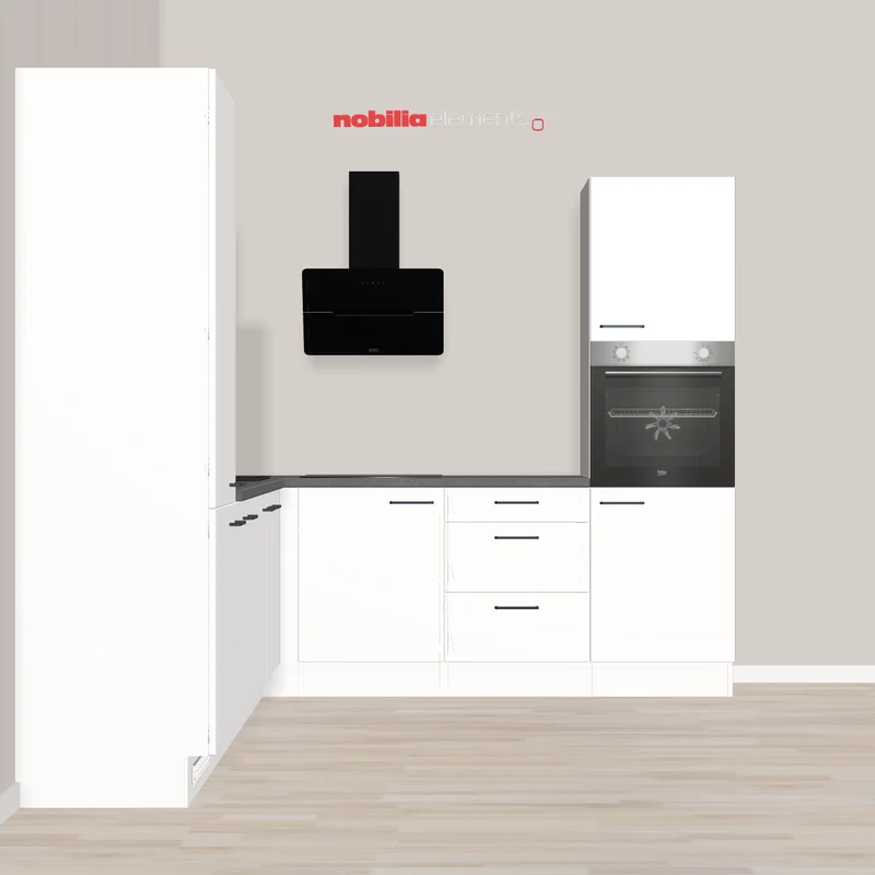 nobilia L-Form Küchenzeile Coburg 305 x 245 cm weiß Supermatt Betonoptik interessante Ausstattung Wandschränke mit Glas - teilweise mit E-Geräte