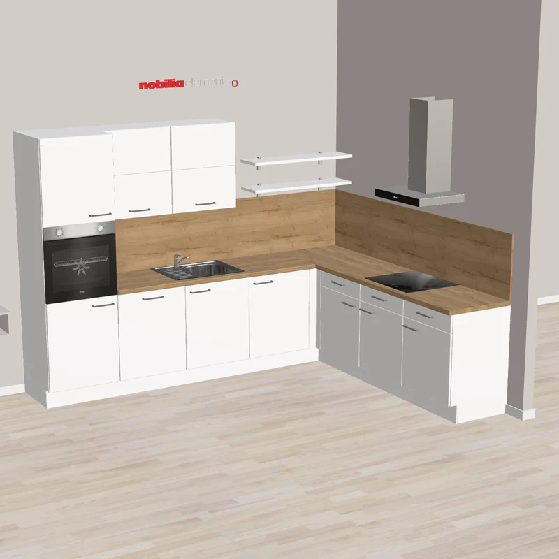 nobilia moderne Eckküche mit viel Stauraum und viel Platz zum Kochen Wunstorf 305 x 245 cm weiß Matt Eiche Hell Backofen hoch eingebaut, Spüle mit Armatur, autarkes Kochfeld und Wandhaube