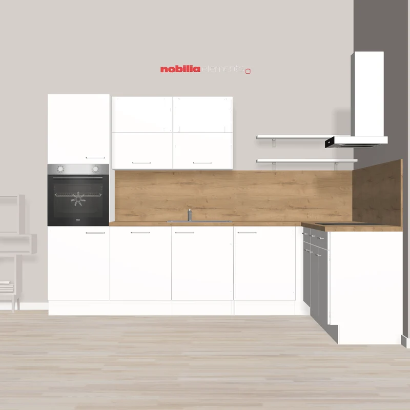 nobilia moderne Eckküche mit viel Stauraum und viel Platz zum Kochen Wunstorf 305 x 245 cm weiß Matt Eiche Hell Backofen hoch eingebaut, Spüle mit Armatur, autarkes Kochfeld und Wandhaube