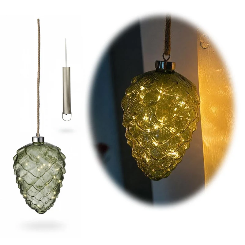 XL Deko Glas Lichtkugel 15LED 21cm Zapfen Grün Silber Glaskugel Timer Batterie Anhängen