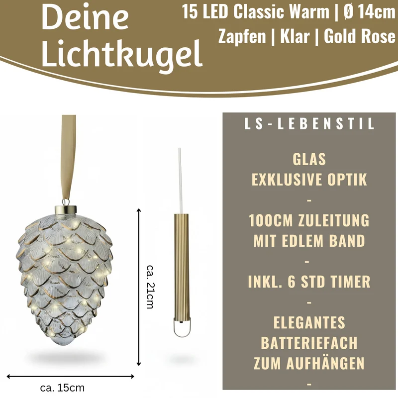 XL Deko Glas Lichtkugel 15 LED 21cm Zapfen Klar Rose Gold Timer Batterie Gold zum Anhängen