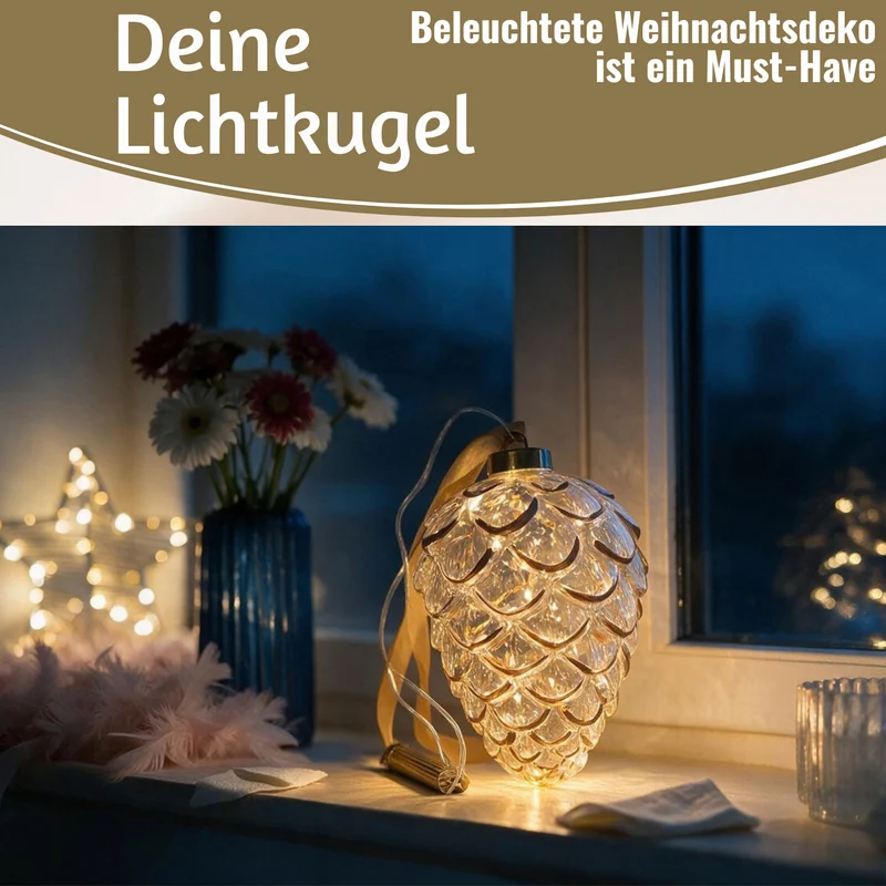 XL Deko Glas Lichtkugel 15 LED 21cm Zapfen Klar Rose Gold Timer Batterie Gold zum Anhängen