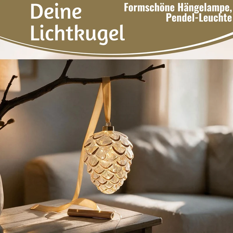 XL Deko Glas Lichtkugel 15 LED 21cm Zapfen Klar Rose Gold Timer Batterie Gold zum Anhängen