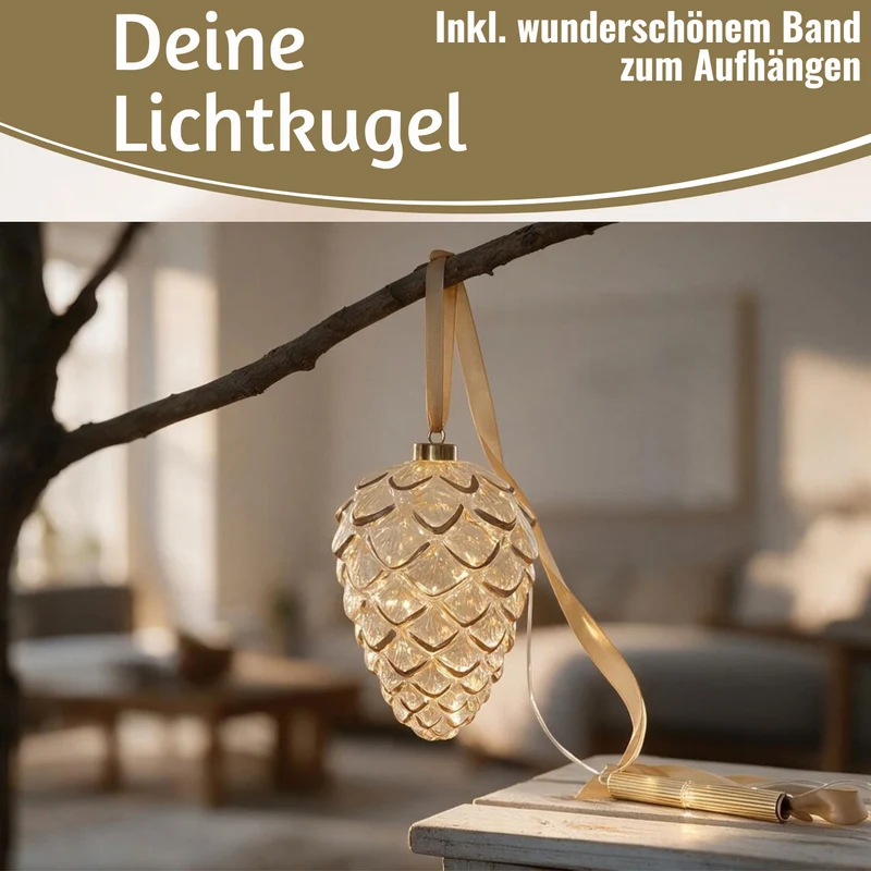 XL Deko Glas Lichtkugel 15 LED 21cm Zapfen Klar Rose Gold Timer Batterie Gold zum Anhängen