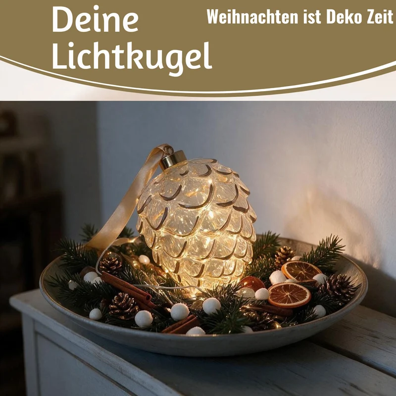 XL Deko Glas Lichtkugel 15 LED 21cm Zapfen Klar Rose Gold Timer Batterie Gold zum Anhängen