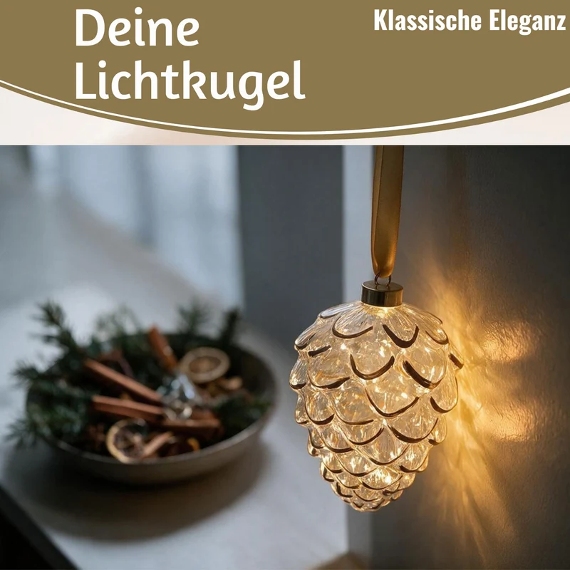 XL Deko Glas Lichtkugel 15 LED 21cm Zapfen Klar Rose Gold Timer Batterie Gold zum Anhängen
