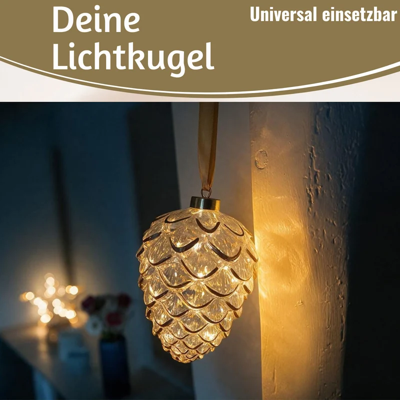 XL Deko Glas Lichtkugel 15 LED 21cm Zapfen Klar Rose Gold Timer Batterie Gold zum Anhängen