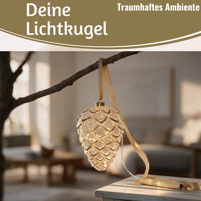 XL Deko Glas Lichtkugel 15 LED 21cm Zapfen Klar Rose Gold Timer Batterie Gold zum Anhängen