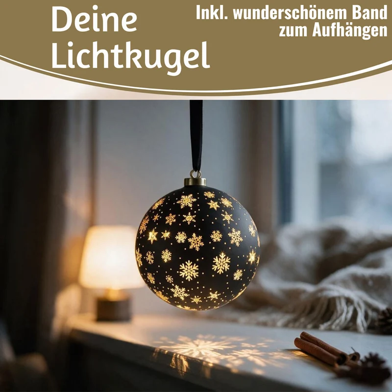 XL Deko Glas Lichtkugel 25LED 19cm Kugel Schwarz Gold Glaskugel Timer Batterie Anhängen