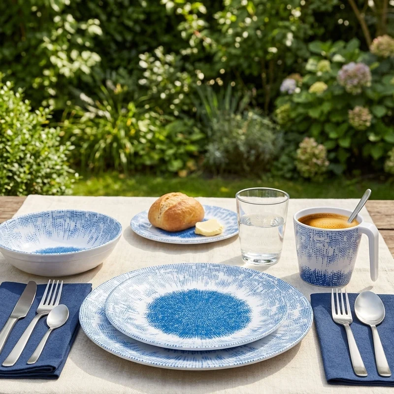 Melamin Geschirr Set Wish Flower Blau für 4 Personen - 16 Teile - Pusteblume Steingutoptik