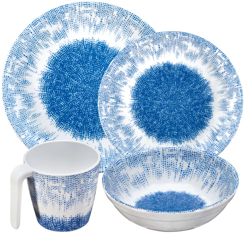 Melamin Geschirr Set Wish Flower Blau für 4 Personen - 16 Teile - Pusteblume Steingutoptik
