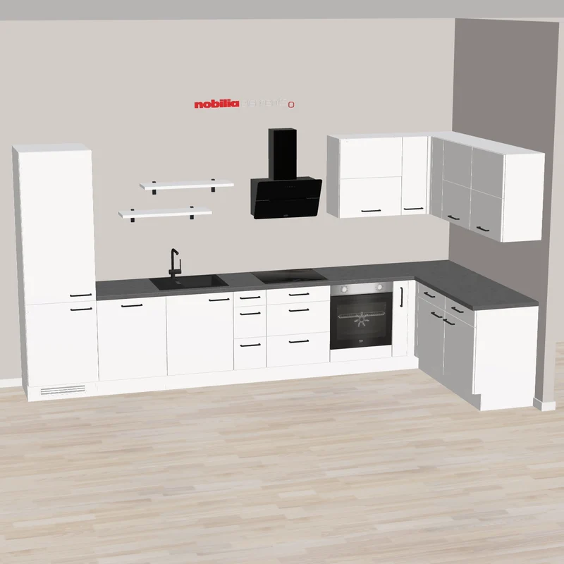 nobilia Eckküche modern mit viel Stauraum und Stellfläche Homburg 410 x 185 cm weiss matt Schiefergrau Beton mit Backofen Sologerät - Kochfeld autark - Spüle und Armatur - Flachschirmhaube