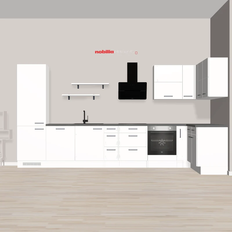 nobilia Eckküche modern mit viel Stauraum und Stellfläche Homburg 410 x 185 cm weiss matt Schiefergrau Beton mit Backofen Sologerät - Kochfeld autark - Spüle und Armatur - Flachschirmhaube