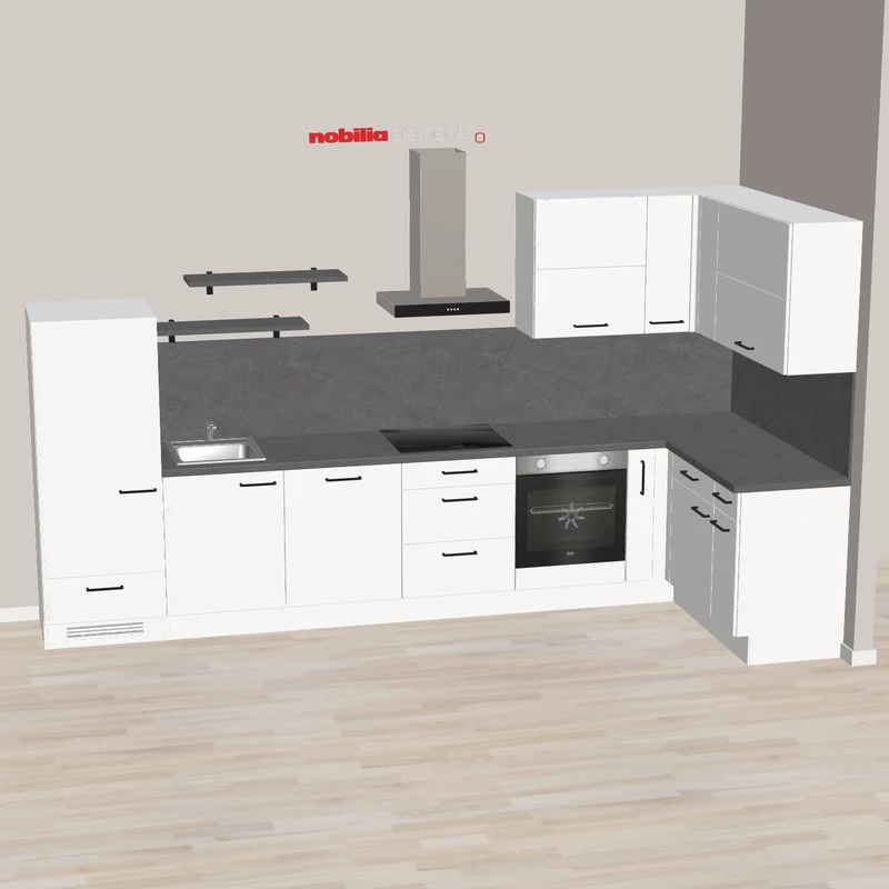 nobilia L-Küche Aurich 308 x 155 cm Alpinweiss Beton moderne Ausstattung mit teilweise E-Geräten