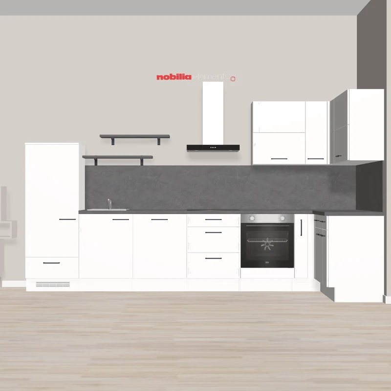 nobilia L-Küche Aurich 308 x 155 cm Alpinweiss Beton moderne Ausstattung mit teilweise E-Geräten