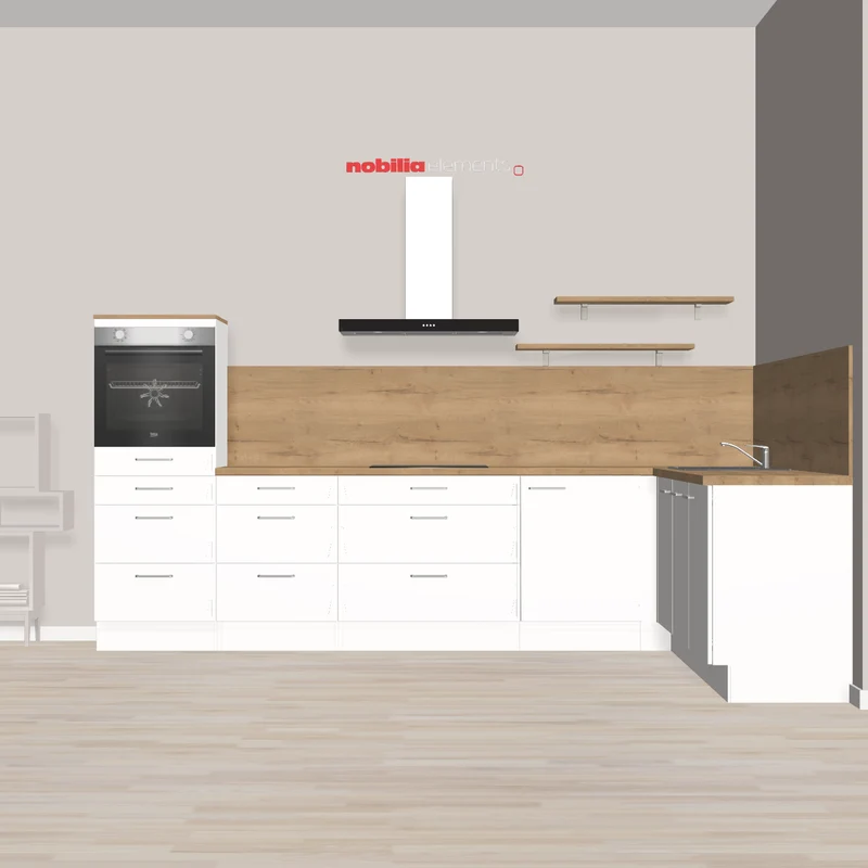 nobilia L-Form Küchenzeile mit vielen Auszügen und Schubladen Dreieich 335 x 245 cm weiss matt Eiche Sierra mit Backofen und großem Kochbereich