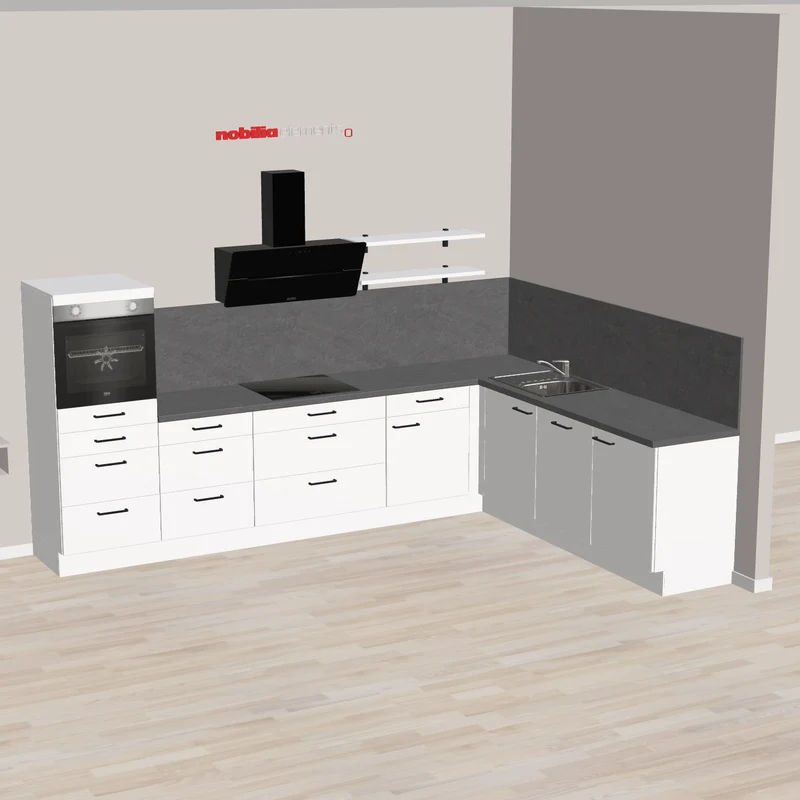 nobilia Winkelküche für offenes Wohnen Amberg 335 x 245 cm weiß Supermatt Beton Schiefergrau Backofen hoch eingebaut im Highboard mit Schubladen und Auszug