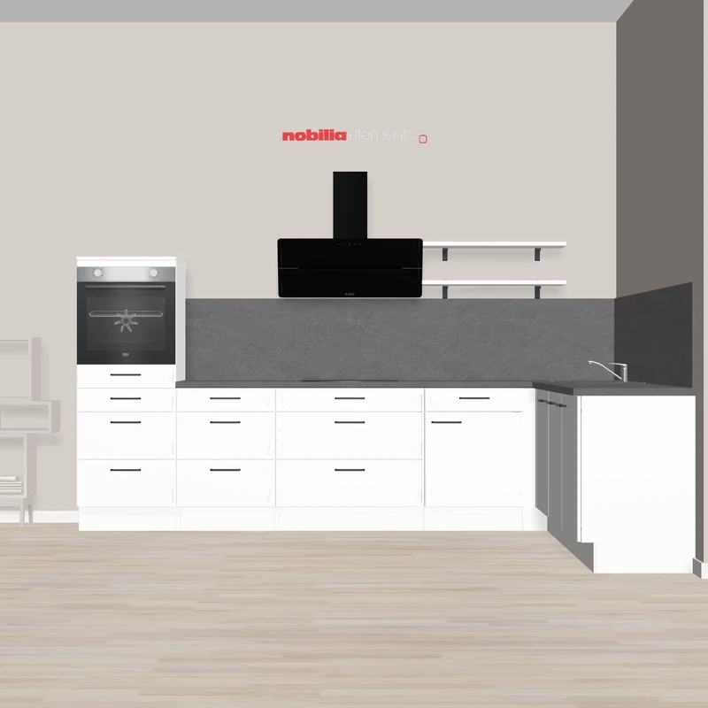 nobilia Winkelküche für offenes Wohnen Amberg 335 x 245 cm weiß Supermatt Beton Schiefergrau Backofen hoch eingebaut im Highboard mit Schubladen und Auszug