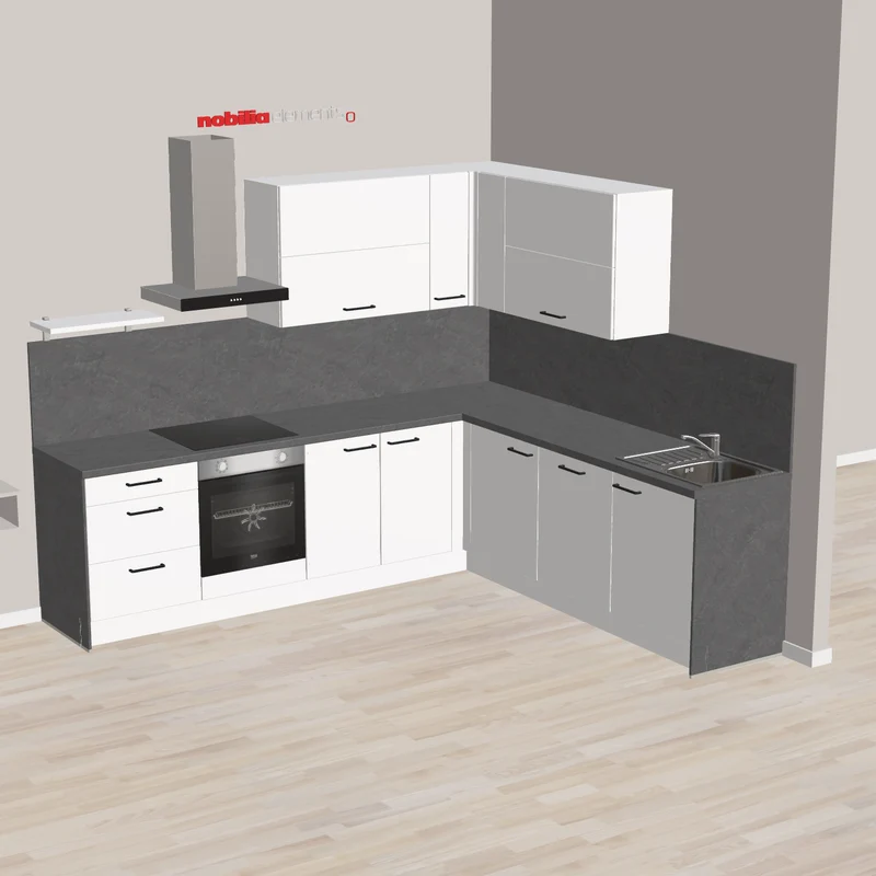 nobilia Eck-Küchenzeile Budgetfreundliche-Küche in modernem Design Heinsberg 277 x 247 cm weiss Matt Schiefergrau Beton mit Herd Duntsabzugshaube und Spüle