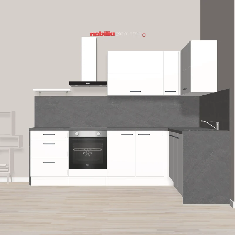 nobilia Eck-Küchenzeile Budgetfreundliche-Küche in modernem Design Heinsberg 277 x 247 cm weiss Matt Schiefergrau Beton mit Herd Duntsabzugshaube und Spüle