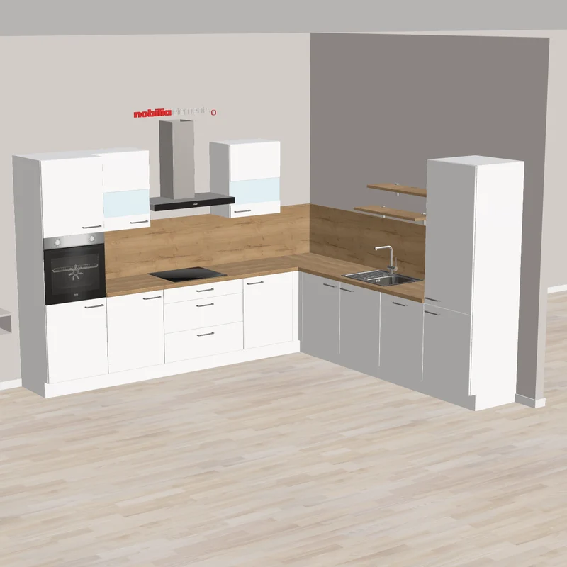 nobilia L-Familienküche mit XL-Kochzone Nettetal 335 x 305 cm weiss warme Arbeitsplatte Mit großem Kochbereich und hocheingebauter Backofen