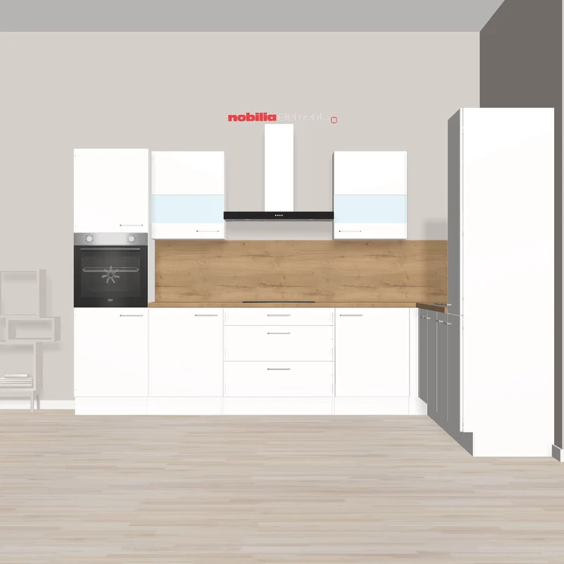 nobilia L-Familienküche mit XL-Kochzone Nettetal 335 x 305 cm weiss warme Arbeitsplatte Mit großem Kochbereich und hocheingebauter Backofen