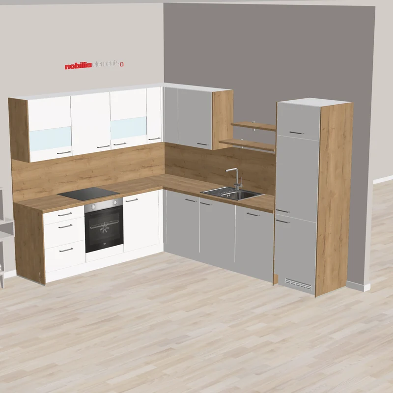 nobilia L-Form Küchenzeile modern Borken 247 x 308 cm Alpinweiß helle Arbeitsplatte Küche in Kombination Weiß und Holzakzente mit Herd und moderer Armatur