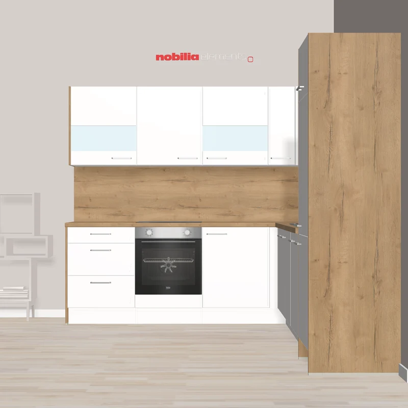 nobilia L-Form Küchenzeile modern Borken 247 x 308 cm Alpinweiß helle Arbeitsplatte Küche in Kombination Weiß und Holzakzente mit Herd und moderer Armatur