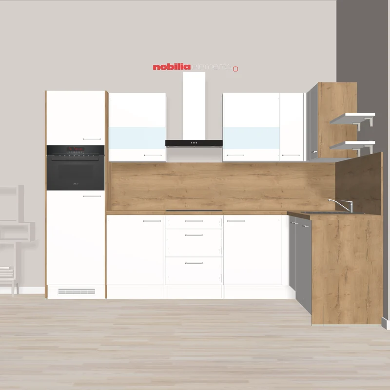 nobilia Offene Winkelküche mit Glaselementen Weiden 308 x 247 cm weiß Matt Eiche Sierra Küche mit Mikrowellen-Kompakt-Backofen und Wandhaube