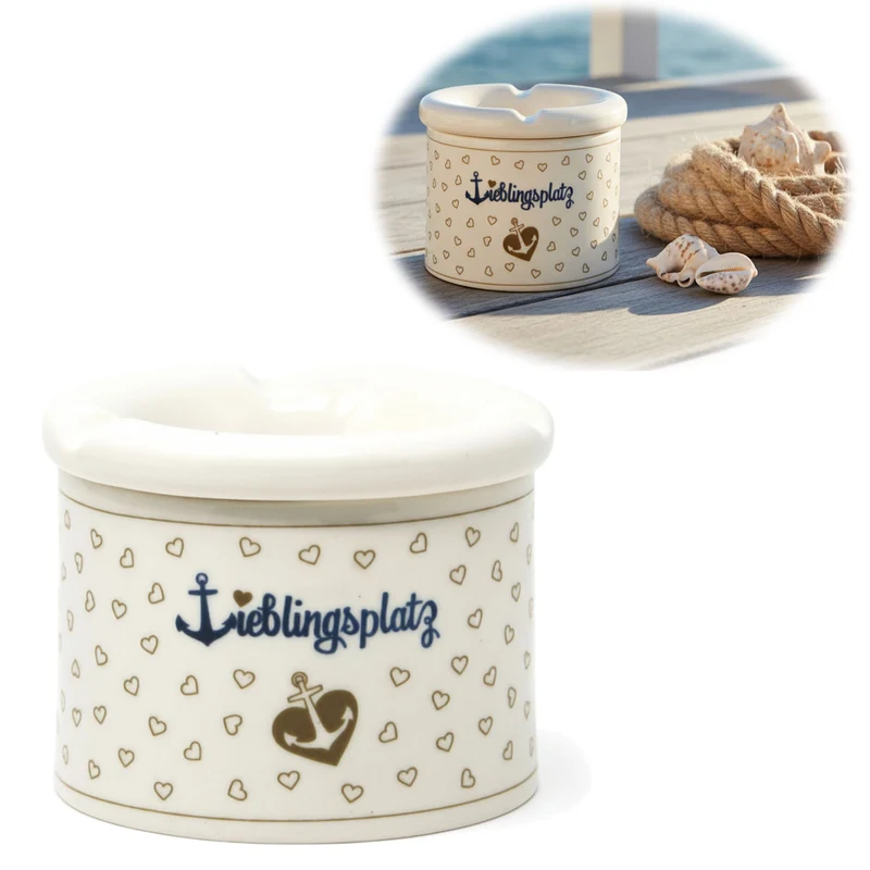 Sturmaschenbecher Lieblingsplatz 10x7,5cm Maritim Weiß Braun Windaschenbecher Aschenbecher