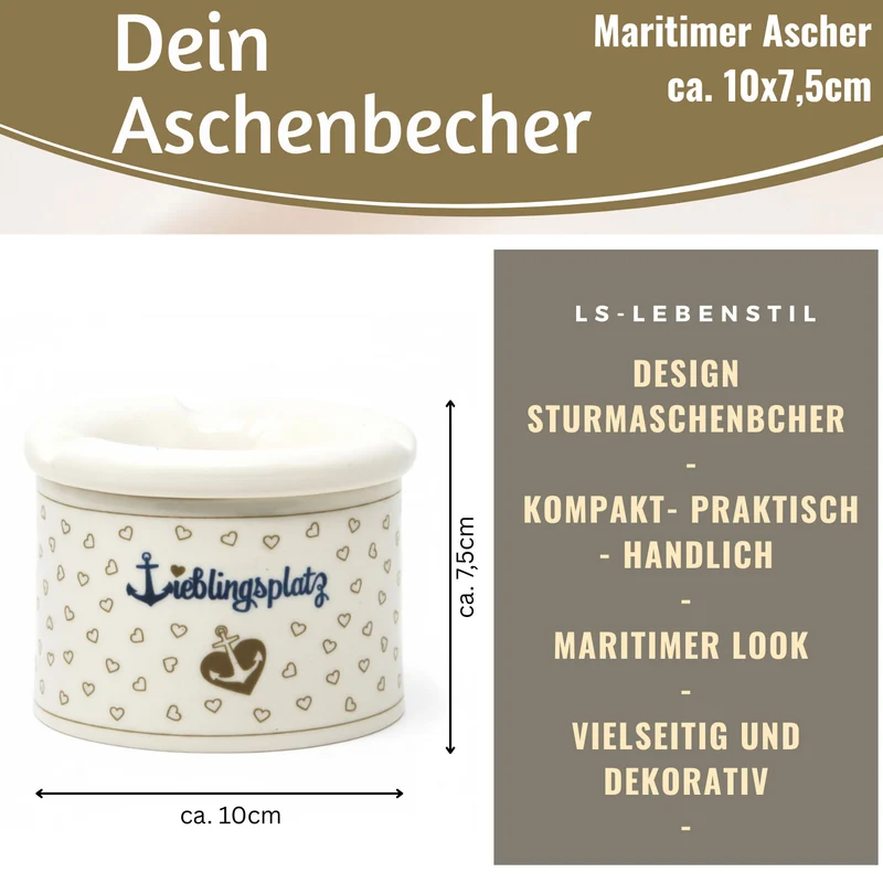 Sturmaschenbecher Lieblingsplatz 10x7,5cm Maritim Weiß Braun Windaschenbecher Aschenbecher